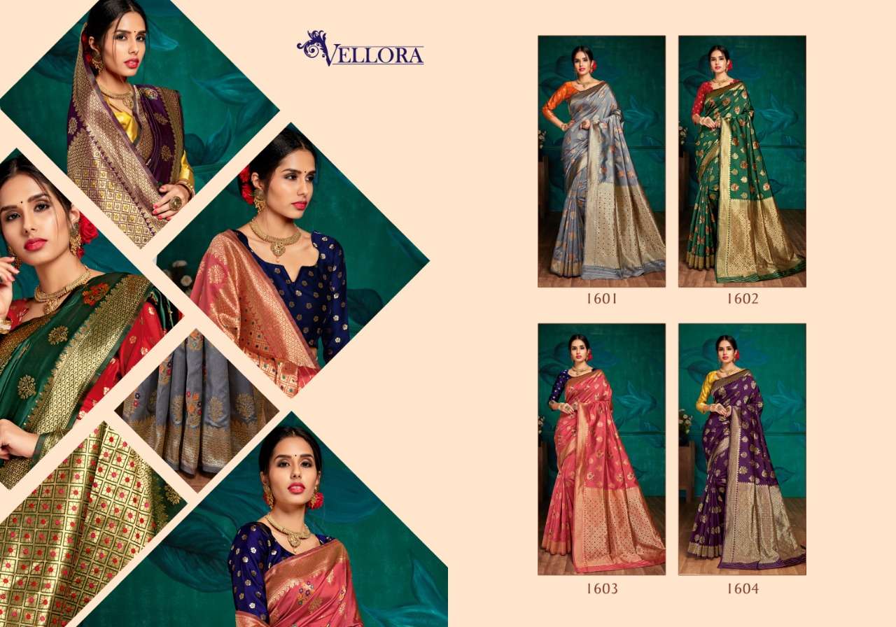 VELLORA SAREES VOL-6 BY VELLORA 1601 TO 1604 SERIES INDIAN TRADITIONAL WEAR COLLECTION BEAUTIFUL STYLISH FANCY COLORFUL PARTY WEAR & OCCASIONAL WEAR BANAARSI SILK SAREES AT WHOLESALE PRICE