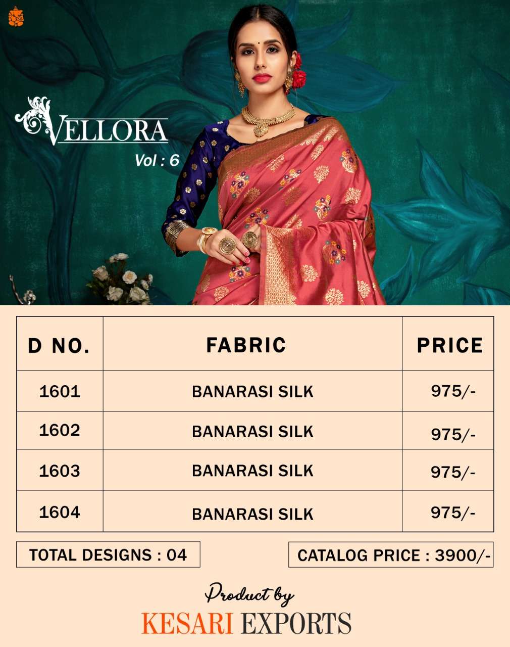 VELLORA SAREES VOL-6 BY VELLORA 1601 TO 1604 SERIES INDIAN TRADITIONAL WEAR COLLECTION BEAUTIFUL STYLISH FANCY COLORFUL PARTY WEAR & OCCASIONAL WEAR BANAARSI SILK SAREES AT WHOLESALE PRICE