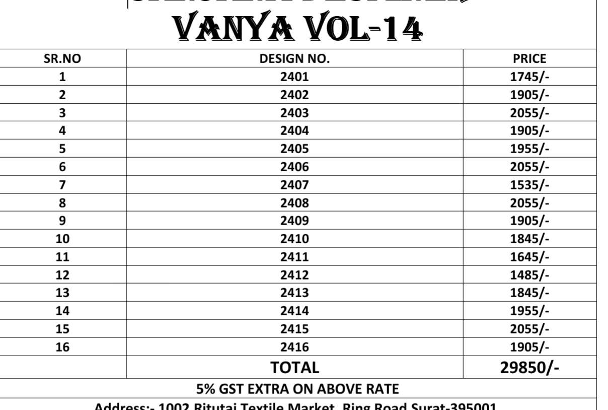 VANYA VOL-14 BY VANYA 2401 TO 2416 SERIES INDIAN TRADITIONAL WEAR COLLECTION BEAUTIFUL STYLISH FANCY COLORFUL PARTY WEAR & OCCASIONAL WEAR FANCY SAREES AT WHOLESALE PRICE