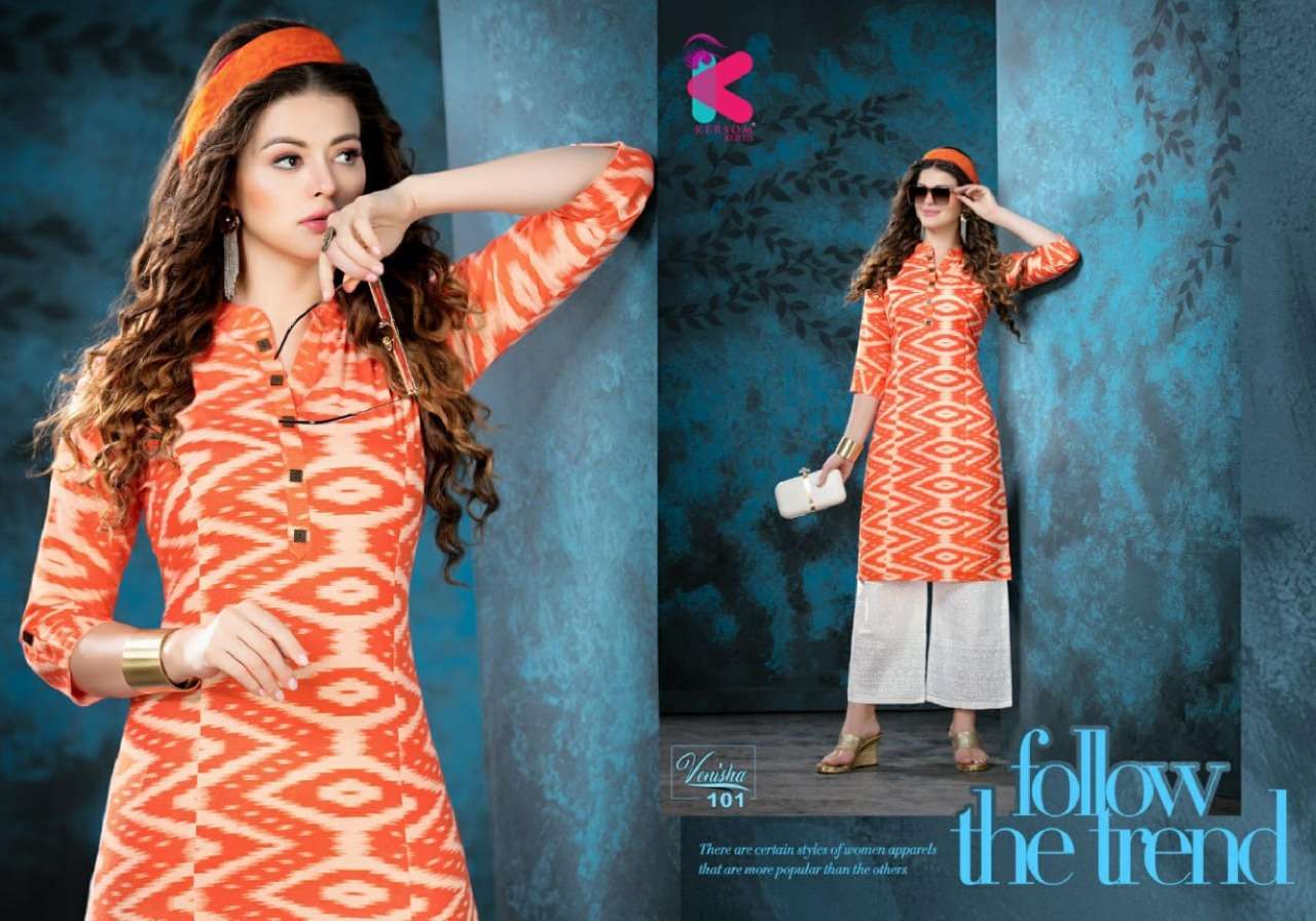 VENISHA BY KERSOM 101 TO 108 SERIES STYLISH FANCY BEAUTIFUL COLORFUL CASUAL WEAR & ETHNIC WEAR LINEN IKAT PRINTED KURTIS AT WHOLESALE PRICE