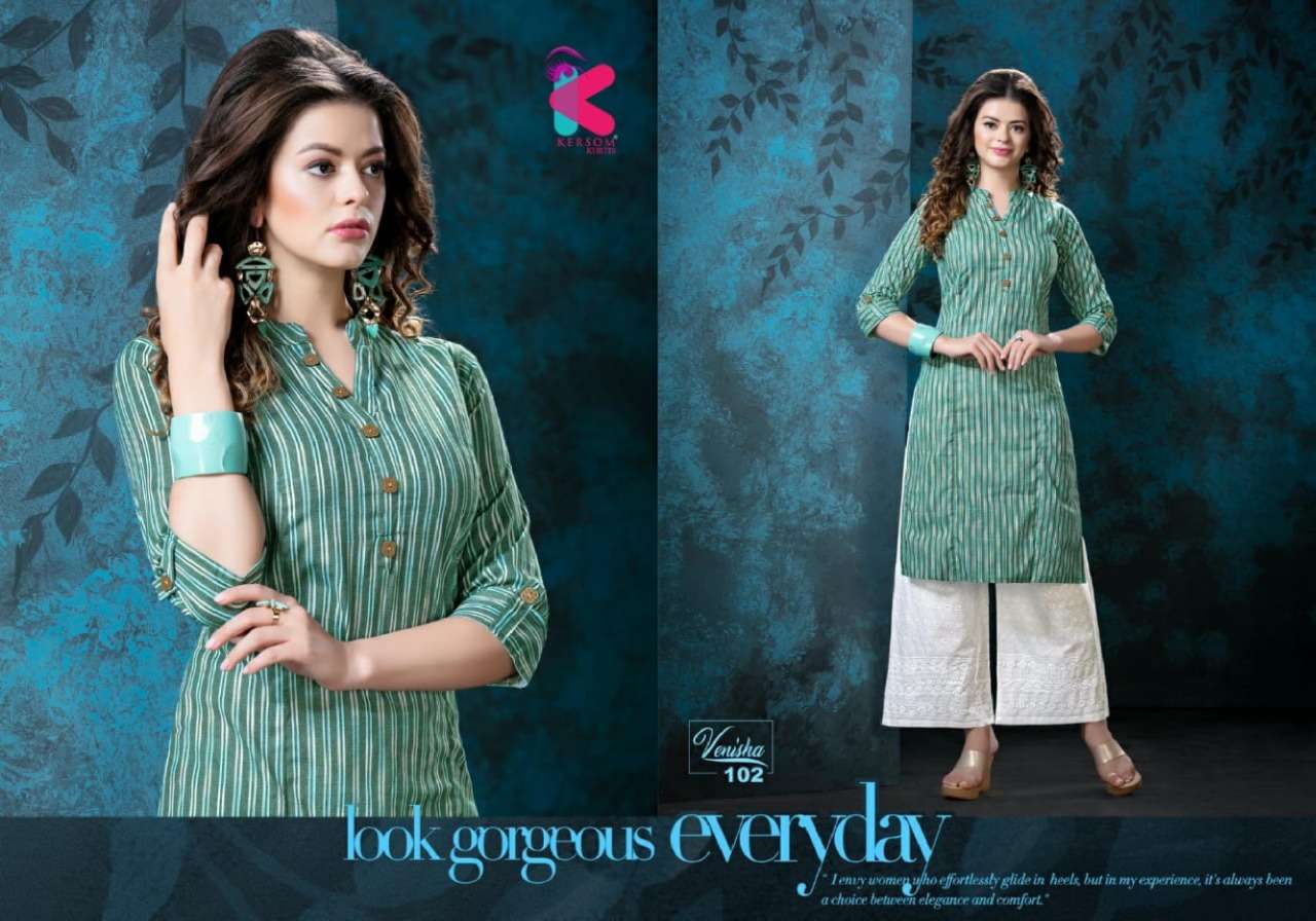 VENISHA BY KERSOM 101 TO 108 SERIES STYLISH FANCY BEAUTIFUL COLORFUL CASUAL WEAR & ETHNIC WEAR LINEN IKAT PRINTED KURTIS AT WHOLESALE PRICE