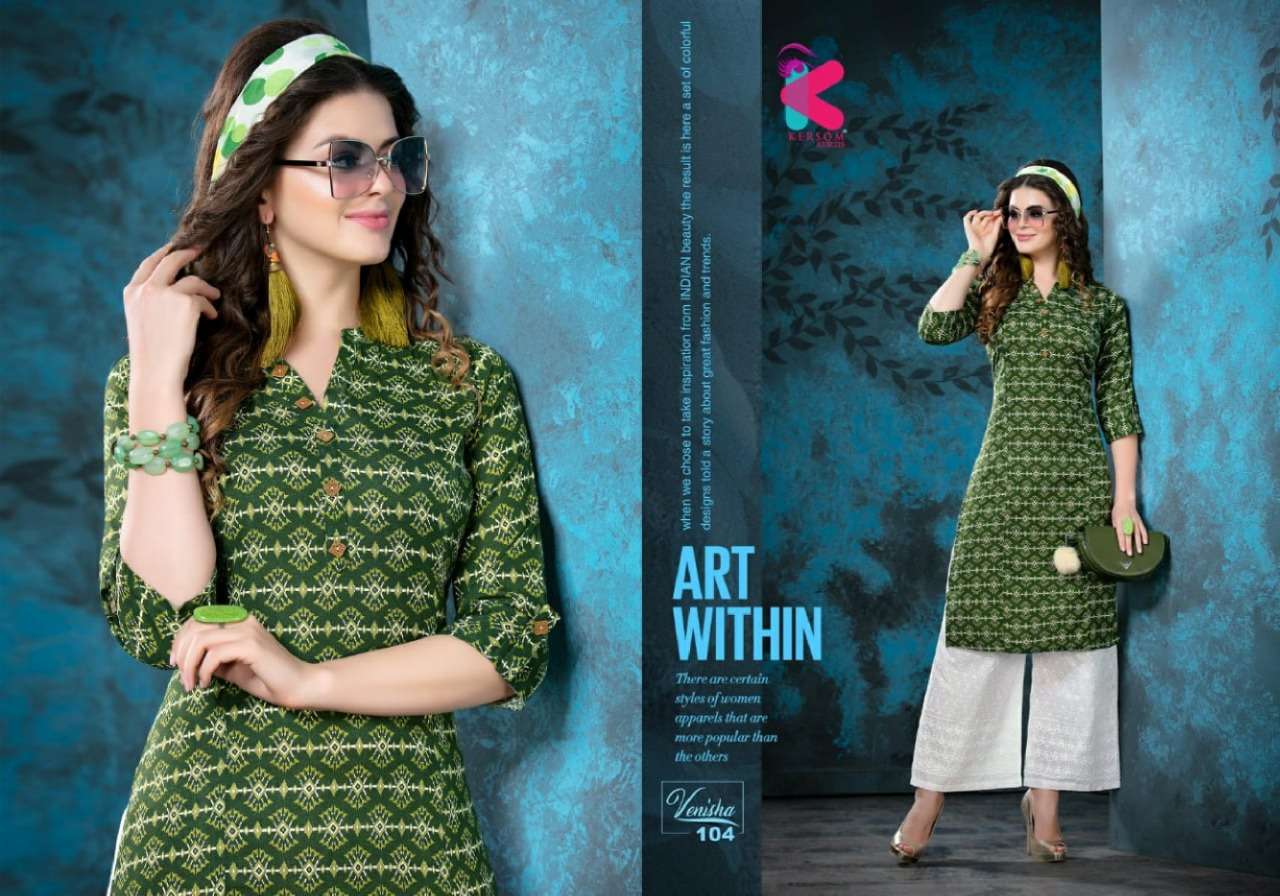 VENISHA BY KERSOM 101 TO 108 SERIES STYLISH FANCY BEAUTIFUL COLORFUL CASUAL WEAR & ETHNIC WEAR LINEN IKAT PRINTED KURTIS AT WHOLESALE PRICE