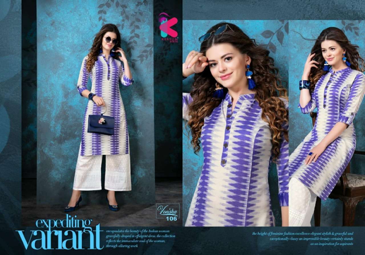 VENISHA BY KERSOM 101 TO 108 SERIES STYLISH FANCY BEAUTIFUL COLORFUL CASUAL WEAR & ETHNIC WEAR LINEN IKAT PRINTED KURTIS AT WHOLESALE PRICE
