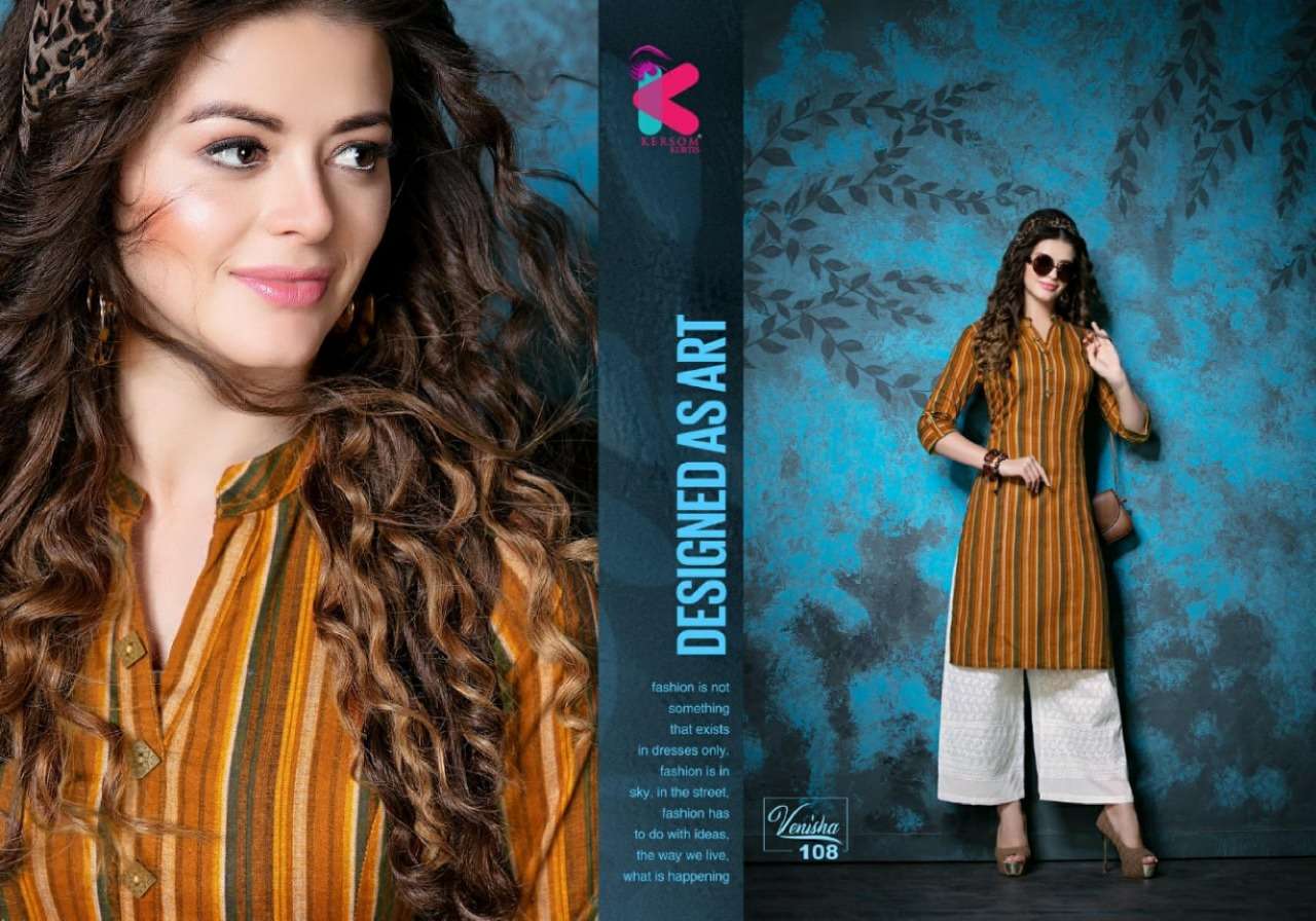 VENISHA BY KERSOM 101 TO 108 SERIES STYLISH FANCY BEAUTIFUL COLORFUL CASUAL WEAR & ETHNIC WEAR LINEN IKAT PRINTED KURTIS AT WHOLESALE PRICE