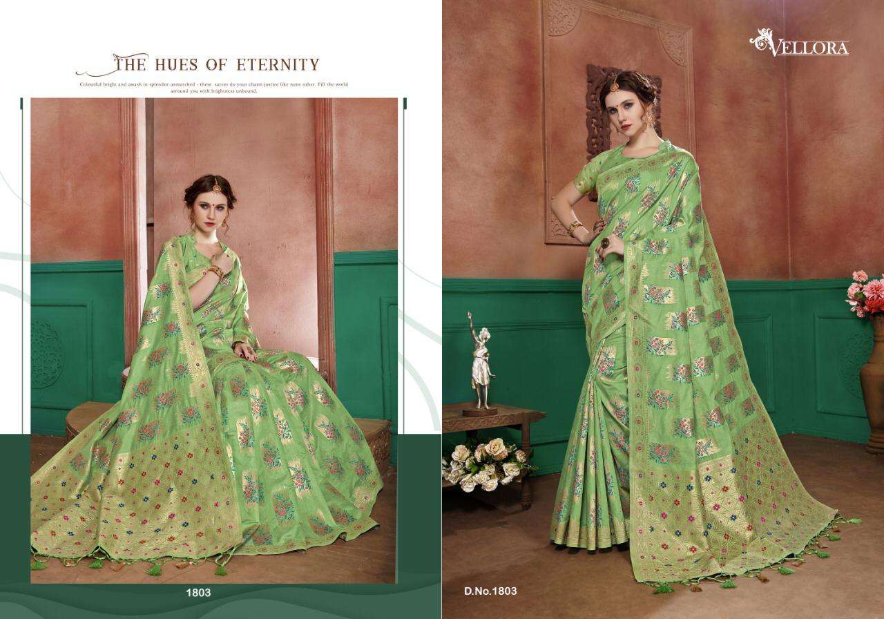 VELLORA SAREES VOL-8 BY VELLORA 1801 TO 1807 SERIES INDIAN TRADITIONAL WEAR COLLECTION BEAUTIFUL STYLISH FANCY COLORFUL PARTY WEAR & OCCASIONAL WEAR BANARASI COTTON SILK SAREES AT WHOLESALE PRICE