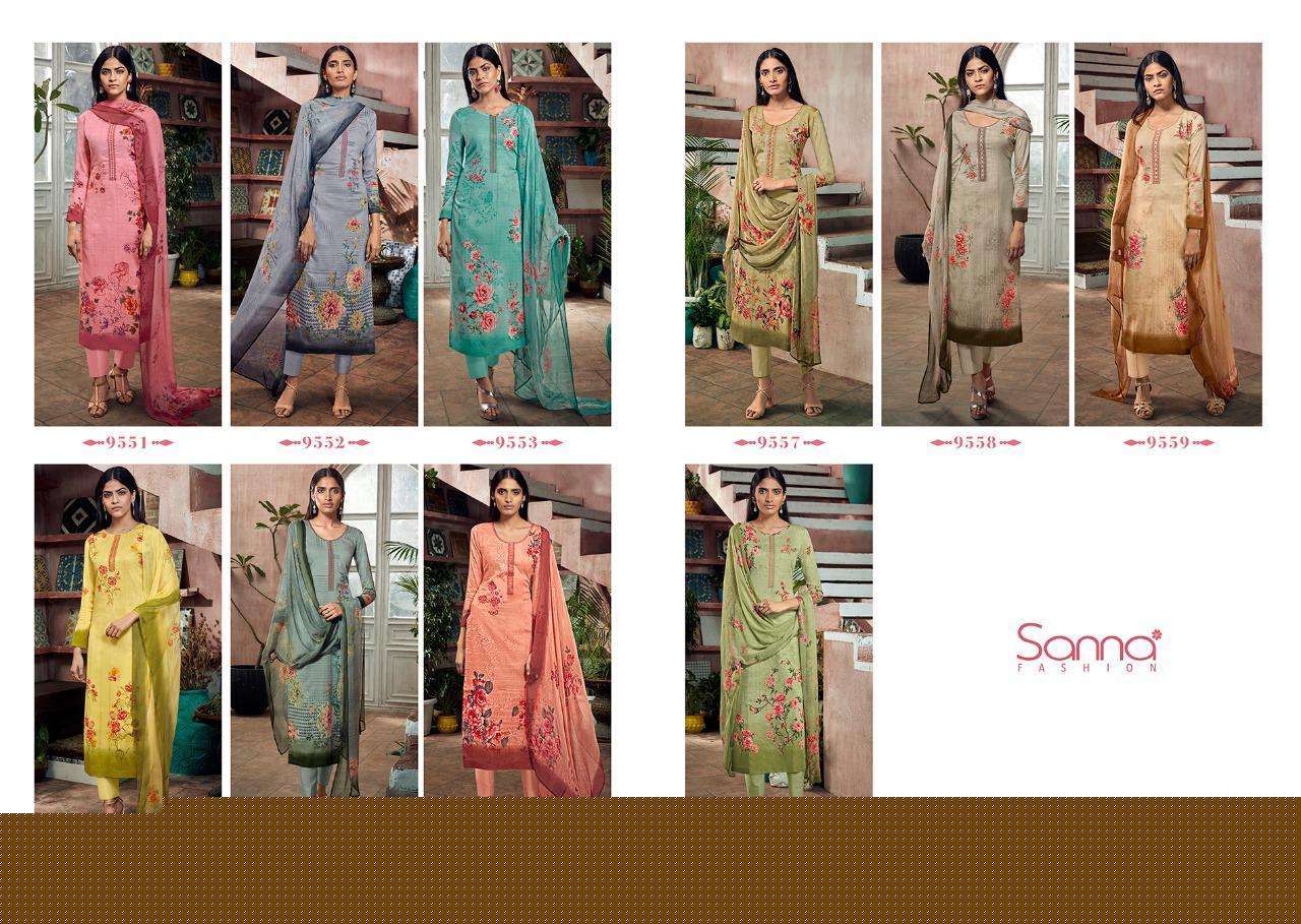 NEERJA BY SANNA FASHION 9551 TO 9560 SERIES BEAUTIFUL SUITS STYLISH FANCY COLORFUL PARTY WEAR & OCCASIONAL WEAR PURE JAM COTTON SILK PRINTED WITH EMBROIDERED DRESSES AT WHOLESALE PRICE