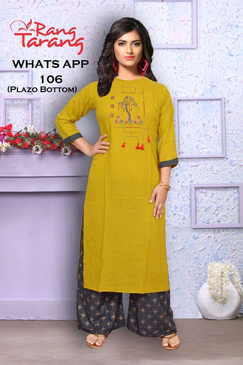 WHATS APP BY RANG TRANG 101 TO 109 SERIES BEAUTIFUL STYLISH FANCY COLORFUL CASUAL WEAR & ETHNIC WEAR & READY TO WEAR RAYON SLUB WITH EMBROIDERY KURTIS AT WHOLESALE PRICE