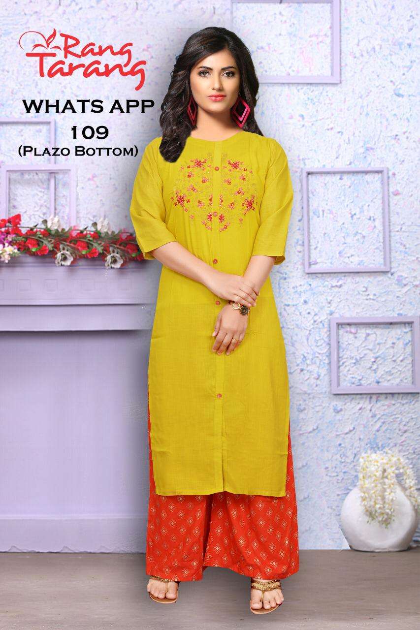 WHATS APP BY RANG TRANG 101 TO 109 SERIES BEAUTIFUL STYLISH FANCY COLORFUL CASUAL WEAR & ETHNIC WEAR & READY TO WEAR RAYON SLUB WITH EMBROIDERY KURTIS AT WHOLESALE PRICE