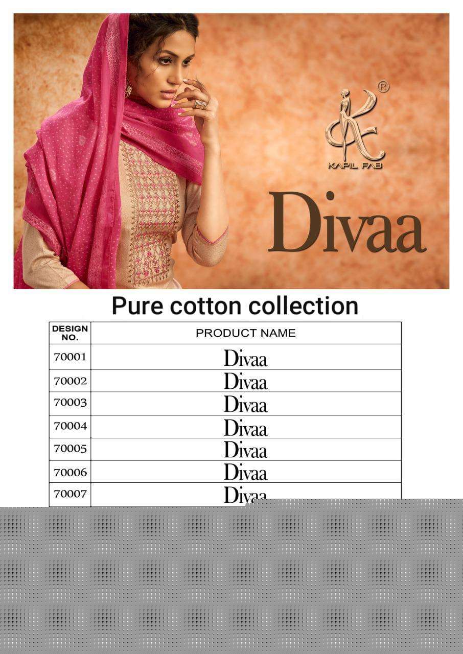 DIVAA BY KAPIL FAB 70001 TO 70007 SERIES BEAUTIFUL STYLISH SHARARA SUITS FANCY COLORFUL CASUAL WEAR & ETHNIC WEAR & READY TO WEAR PURE JAM COTTON PRINTED DRESSES AT WHOLESALE PRICE