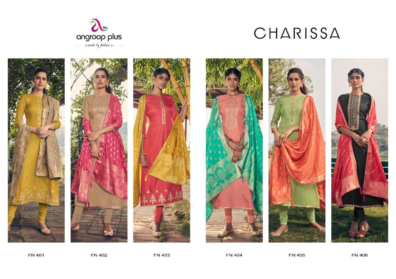 CHARISSA BY ANGROOP PLUS 401 TO 406 SERIES STYLISH BEAUTIFUL COLOURFUL PRINTED & EMBROIDERED PARTY WEAR & OCCASIONAL WEAR TUSSAR SILK WITH HEAVY EMBROIDERY DRESSES AT WHOLESALE PRICE