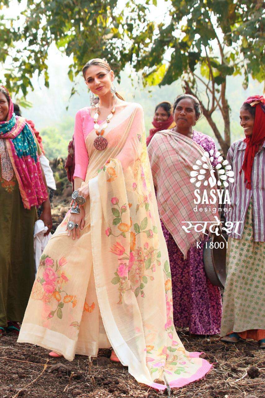 SWADESH BY SASYA DESIGNER 18001 TO 18010 SERIES INDIAN TRADITIONAL WEAR COLLECTION BEAUTIFUL STYLISH FANCY COLORFUL PARTY WEAR & OCCASIONAL WEAR LINEN SILK SAREES AT WHOLESALE PRICE