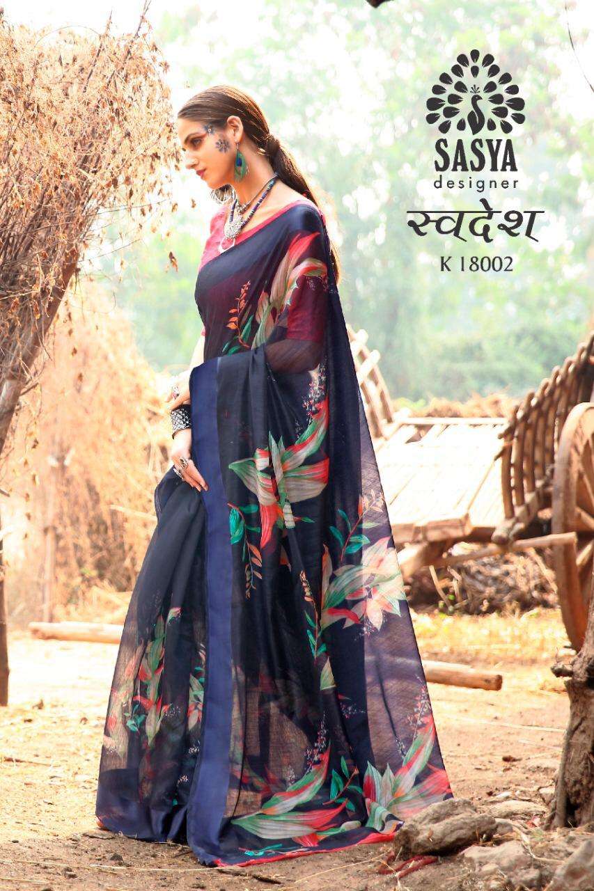 SWADESH BY SASYA DESIGNER 18001 TO 18010 SERIES INDIAN TRADITIONAL WEAR COLLECTION BEAUTIFUL STYLISH FANCY COLORFUL PARTY WEAR & OCCASIONAL WEAR LINEN SILK SAREES AT WHOLESALE PRICE