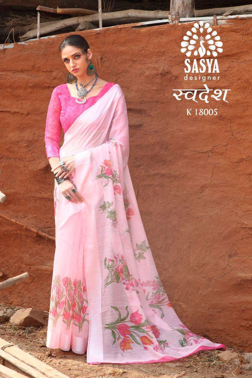 SWADESH BY SASYA DESIGNER 18001 TO 18010 SERIES INDIAN TRADITIONAL WEAR COLLECTION BEAUTIFUL STYLISH FANCY COLORFUL PARTY WEAR & OCCASIONAL WEAR LINEN SILK SAREES AT WHOLESALE PRICE