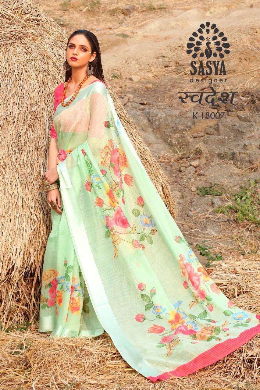 SWADESH BY SASYA DESIGNER 18001 TO 18010 SERIES INDIAN TRADITIONAL WEAR COLLECTION BEAUTIFUL STYLISH FANCY COLORFUL PARTY WEAR & OCCASIONAL WEAR LINEN SILK SAREES AT WHOLESALE PRICE