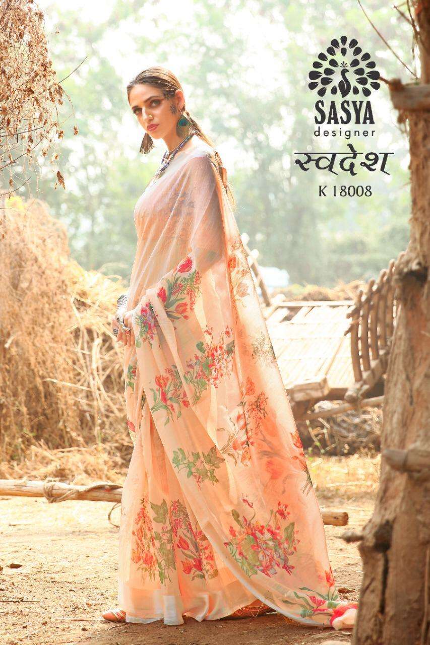 SWADESH BY SASYA DESIGNER 18001 TO 18010 SERIES INDIAN TRADITIONAL WEAR COLLECTION BEAUTIFUL STYLISH FANCY COLORFUL PARTY WEAR & OCCASIONAL WEAR LINEN SILK SAREES AT WHOLESALE PRICE