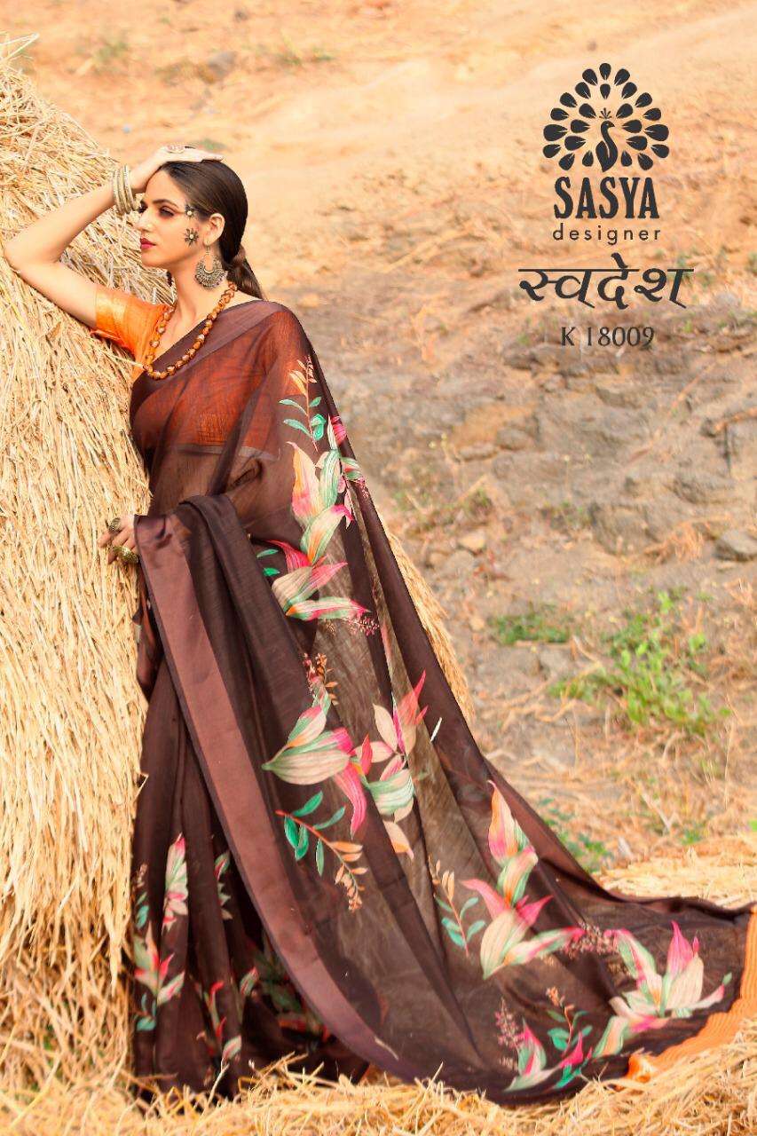 SWADESH BY SASYA DESIGNER 18001 TO 18010 SERIES INDIAN TRADITIONAL WEAR COLLECTION BEAUTIFUL STYLISH FANCY COLORFUL PARTY WEAR & OCCASIONAL WEAR LINEN SILK SAREES AT WHOLESALE PRICE