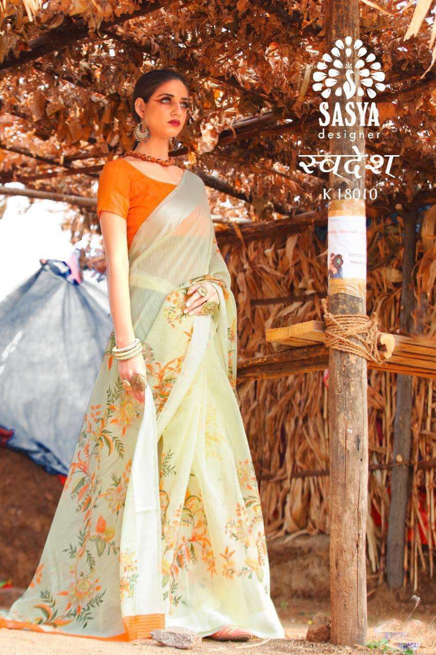 SWADESH BY SASYA DESIGNER 18001 TO 18010 SERIES INDIAN TRADITIONAL WEAR COLLECTION BEAUTIFUL STYLISH FANCY COLORFUL PARTY WEAR & OCCASIONAL WEAR LINEN SILK SAREES AT WHOLESALE PRICE