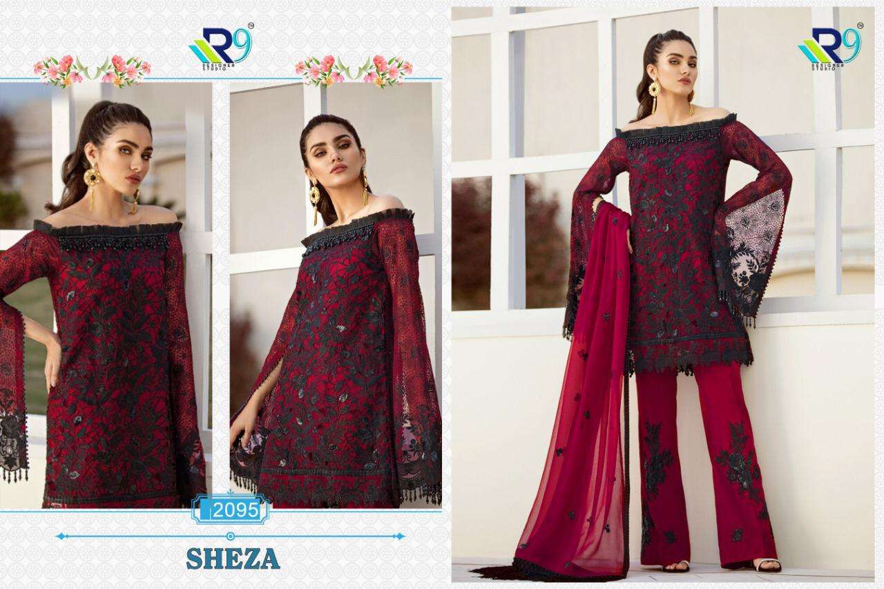 SHEZA BY R9 2095 TO 2097 SERIES BEAUTIFUL PAKISTANI SUITS COLORFUL STYLISH FANCY CASUAL WEAR & ETHNIC WEAR HEAVY NET WITH EMBROIDERY DRESSES AT WHOLESALE PRICE