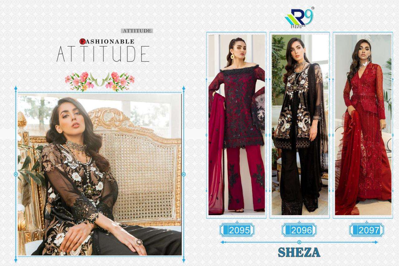 SHEZA BY R9 2095 TO 2097 SERIES BEAUTIFUL PAKISTANI SUITS COLORFUL STYLISH FANCY CASUAL WEAR & ETHNIC WEAR HEAVY NET WITH EMBROIDERY DRESSES AT WHOLESALE PRICE