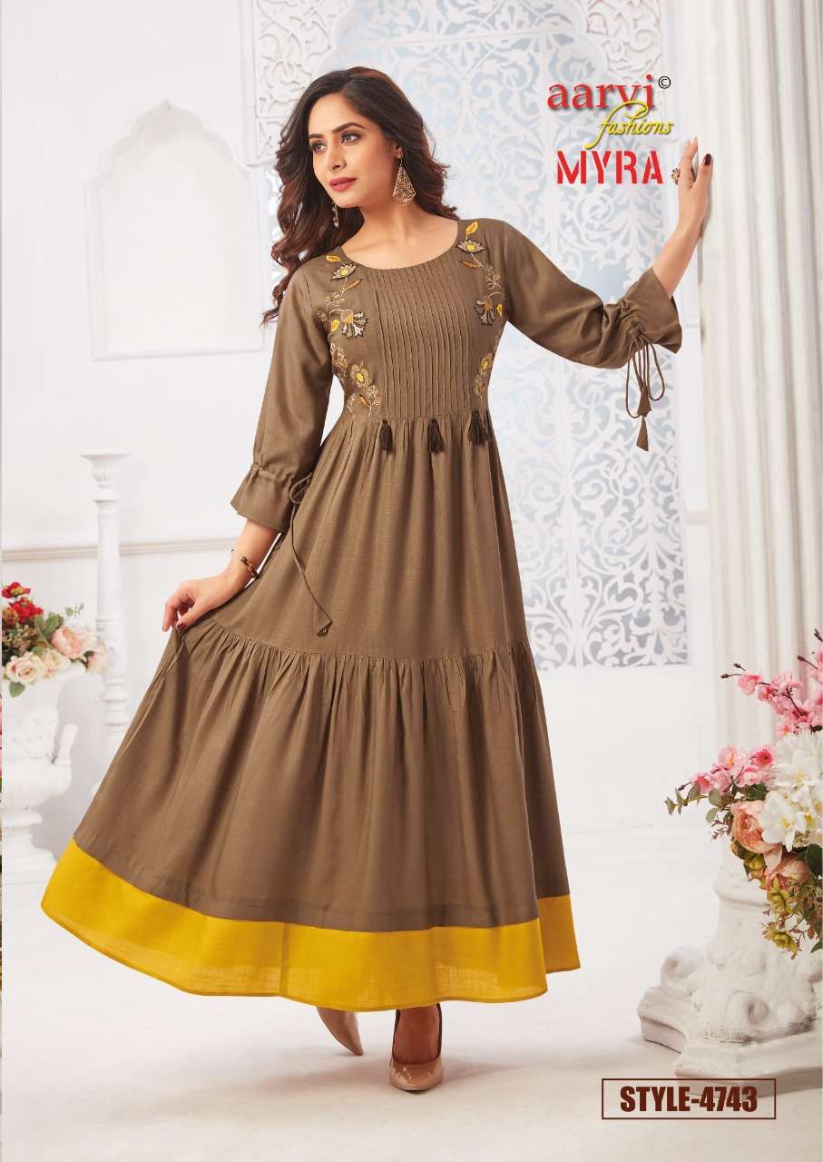 MYRA VOL-5 BY AARVI FASHION 4741 TO 4747 SERIES DESIGNER BEAUTIFUL STYLISH FANCY COLORFUL PARTY WEAR & OCCASIONAL WEAR RAYON SLUB WITH EMBROIDERED GOWNS AT WHOLESALE PRICE