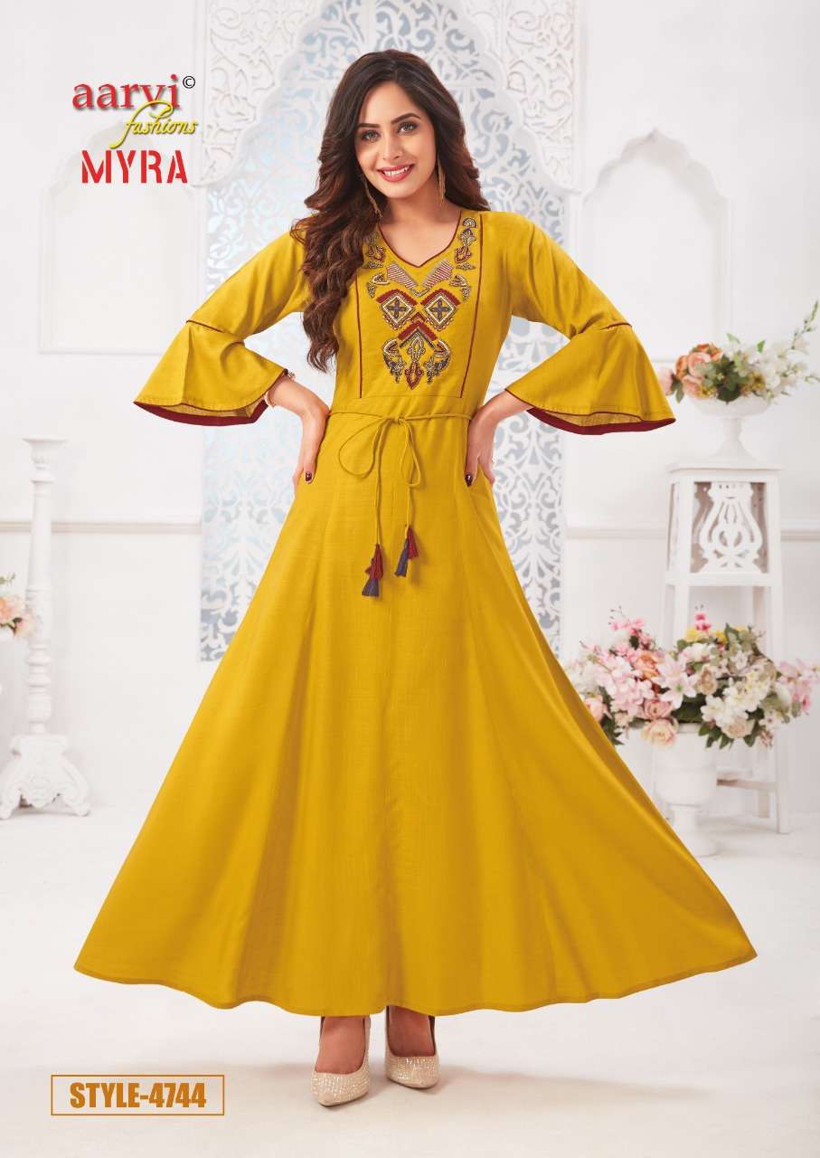 MYRA VOL-5 BY AARVI FASHION 4741 TO 4747 SERIES DESIGNER BEAUTIFUL STYLISH FANCY COLORFUL PARTY WEAR & OCCASIONAL WEAR RAYON SLUB WITH EMBROIDERED GOWNS AT WHOLESALE PRICE
