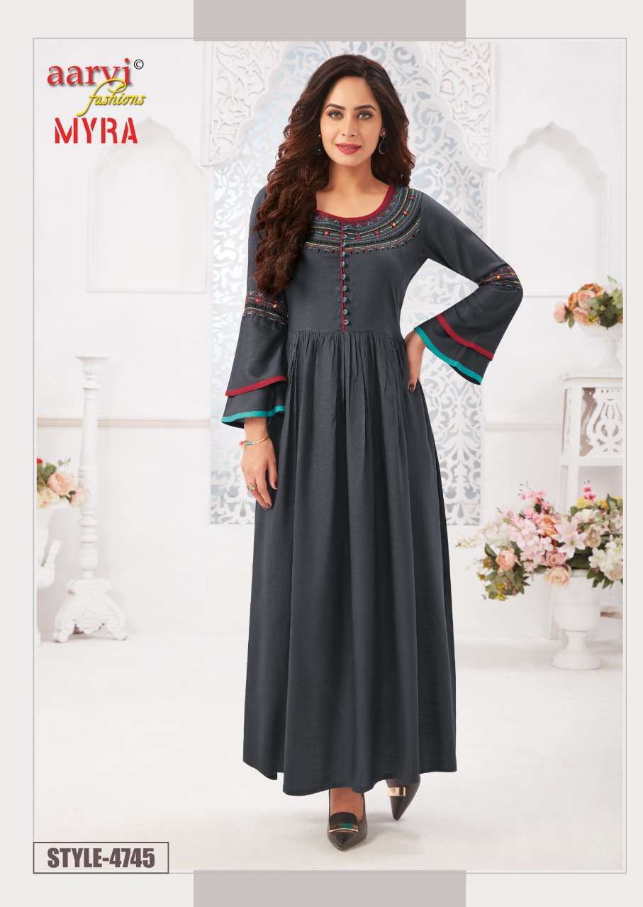 MYRA VOL-5 BY AARVI FASHION 4741 TO 4747 SERIES DESIGNER BEAUTIFUL STYLISH FANCY COLORFUL PARTY WEAR & OCCASIONAL WEAR RAYON SLUB WITH EMBROIDERED GOWNS AT WHOLESALE PRICE