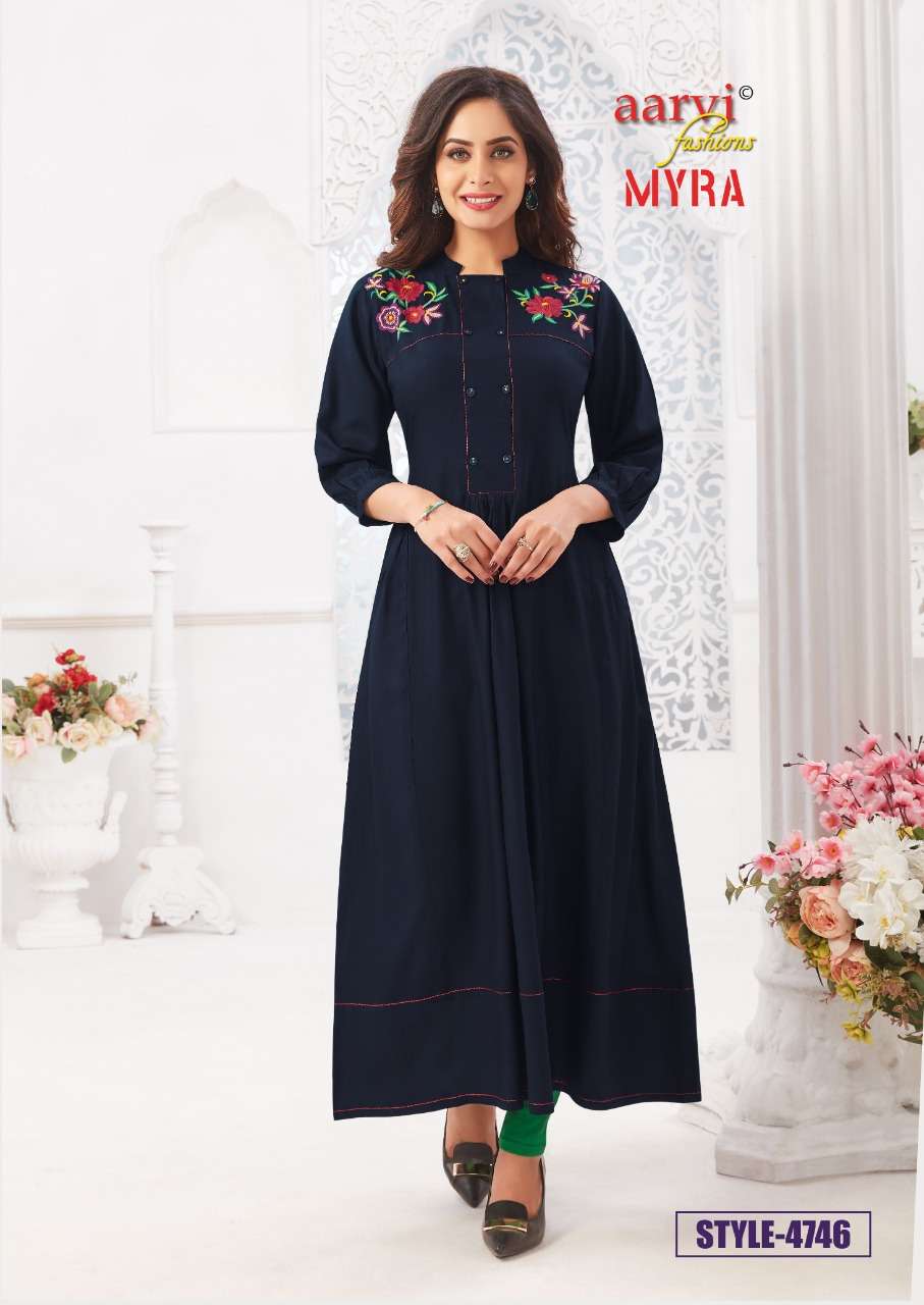 MYRA VOL-5 BY AARVI FASHION 4741 TO 4747 SERIES DESIGNER BEAUTIFUL STYLISH FANCY COLORFUL PARTY WEAR & OCCASIONAL WEAR RAYON SLUB WITH EMBROIDERED GOWNS AT WHOLESALE PRICE