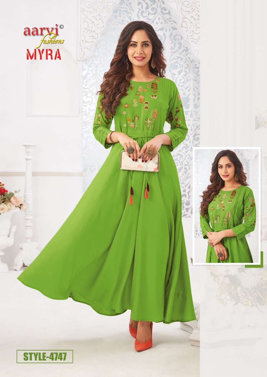 MYRA VOL-5 BY AARVI FASHION 4741 TO 4747 SERIES DESIGNER BEAUTIFUL STYLISH FANCY COLORFUL PARTY WEAR & OCCASIONAL WEAR RAYON SLUB WITH EMBROIDERED GOWNS AT WHOLESALE PRICE