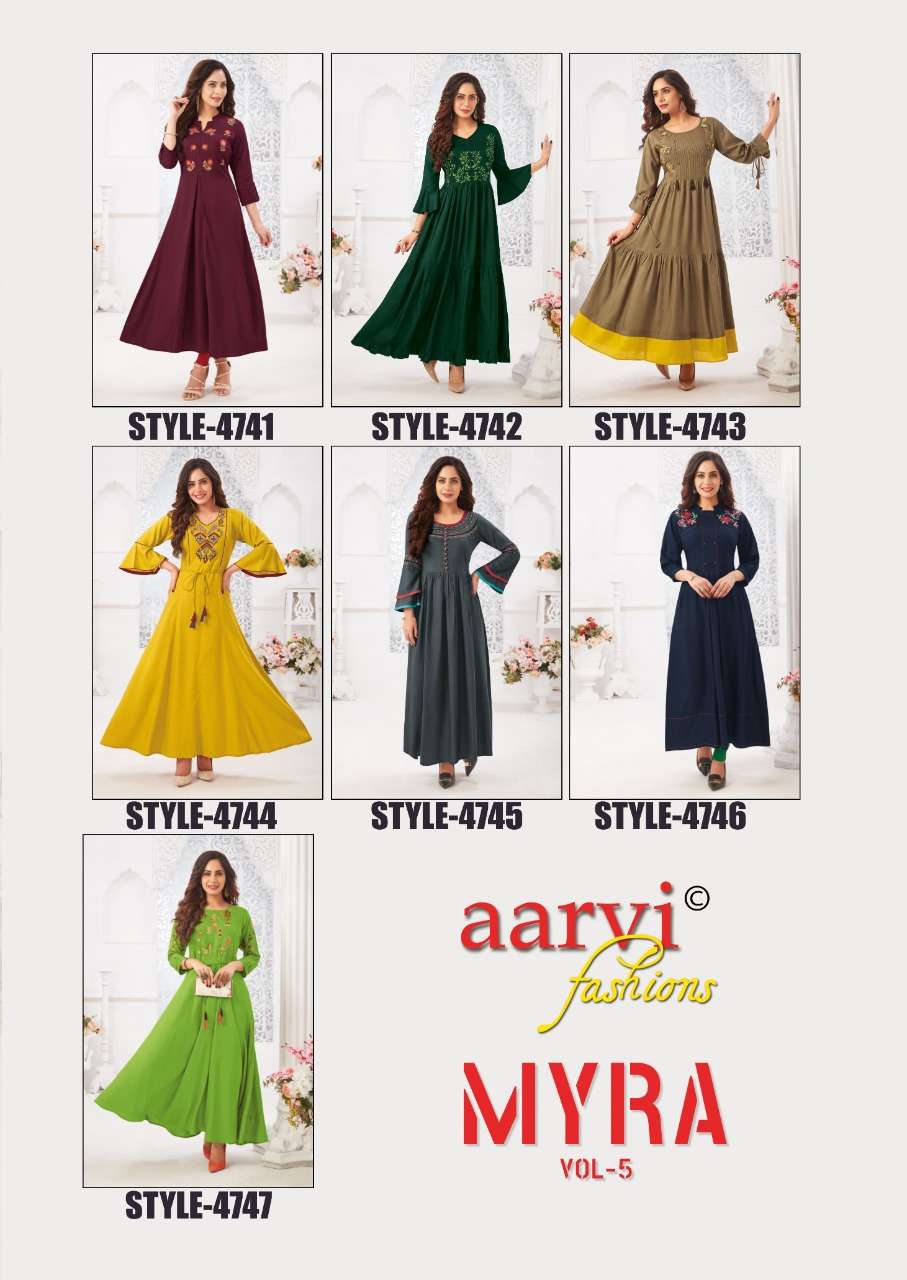 MYRA VOL-5 BY AARVI FASHION 4741 TO 4747 SERIES DESIGNER BEAUTIFUL STYLISH FANCY COLORFUL PARTY WEAR & OCCASIONAL WEAR RAYON SLUB WITH EMBROIDERED GOWNS AT WHOLESALE PRICE