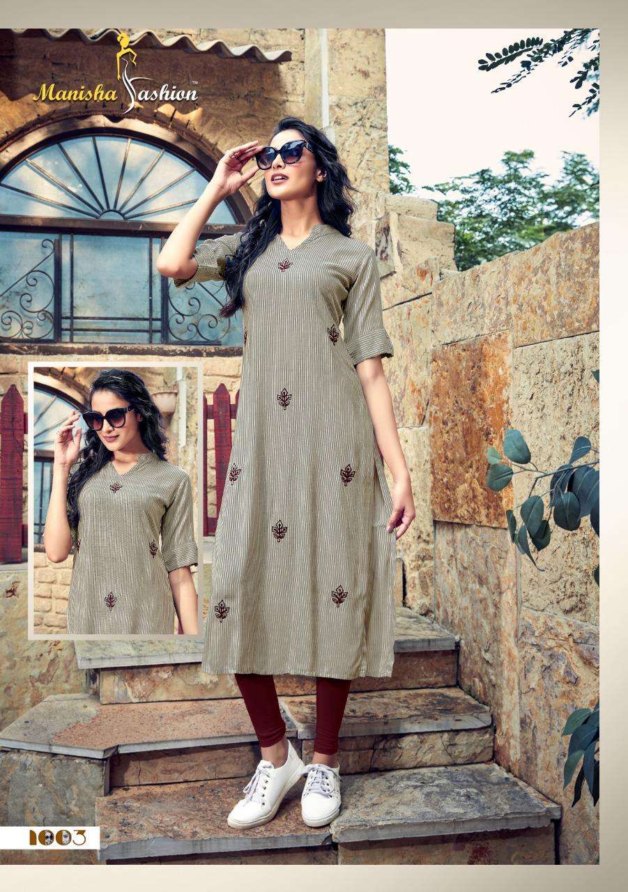 MARIA BY MANISHA FASHION 1001 TO 1006 SERIES STYLISH FANCY BEAUTIFUL COLORFUL CASUAL WEAR & ETHNIC WEAR RAYON FLEX KURTIS AT WHOLESALE PRICE
