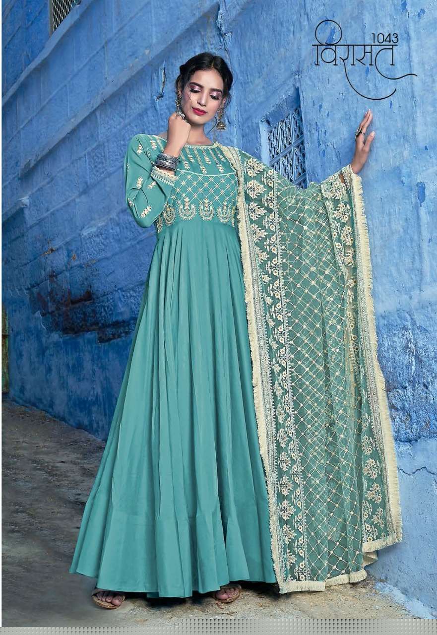 VIRASAT VOL-10 BY VIRASAT 1043 TO 1046 SERIES GOWNS COLLECTION BEAUTIFUL STYLISH FANCY COLORFUL PARTY WEAR & OCCASIONAL WEAR MUSLIN EMBROIDERY GOWNS AT WHOLESALE PRICE
