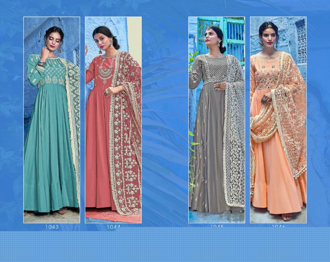 VIRASAT VOL-10 BY VIRASAT 1043 TO 1046 SERIES GOWNS COLLECTION BEAUTIFUL STYLISH FANCY COLORFUL PARTY WEAR & OCCASIONAL WEAR MUSLIN EMBROIDERY GOWNS AT WHOLESALE PRICE