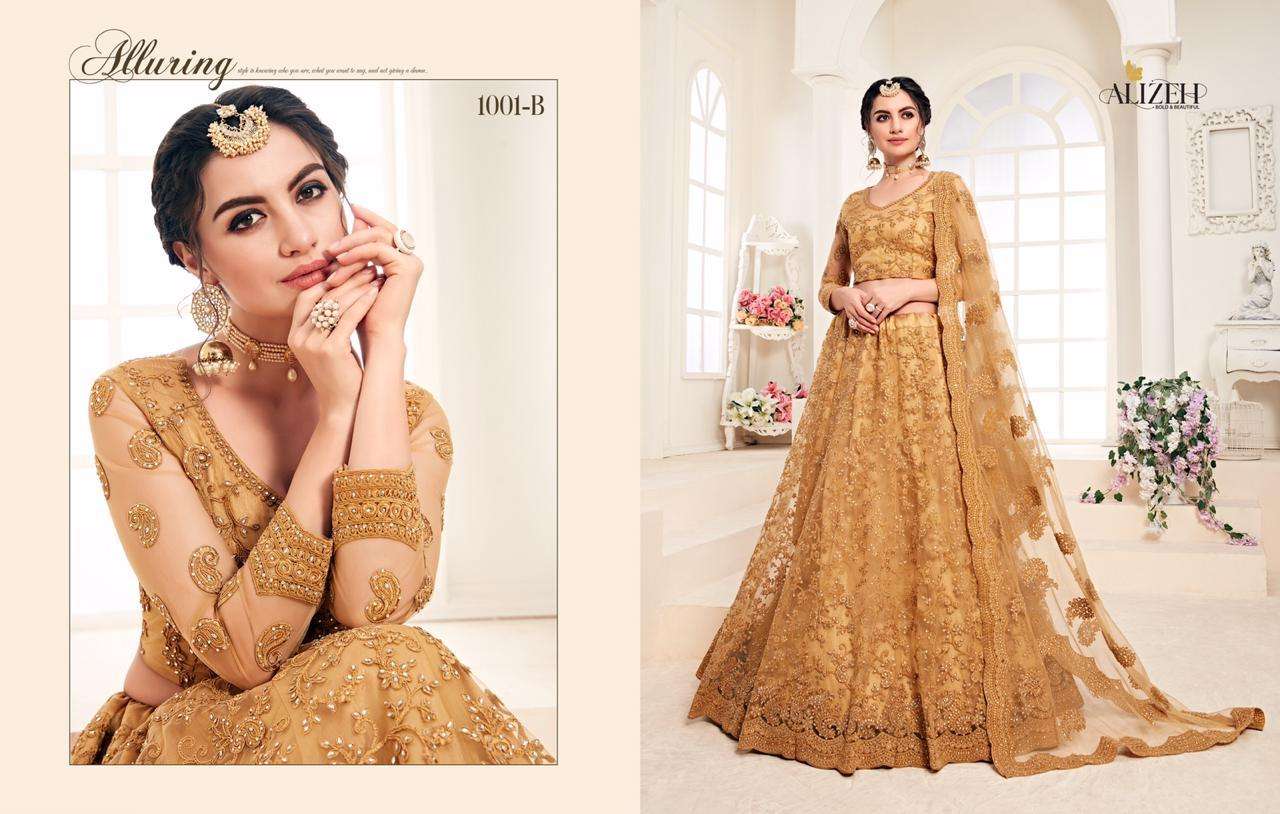 BRIDAL HERITAGE COLOUR SAGA BY ALIZEH 1001-A TO 1004-C SERIES BEAUTIFUL COLORFUL FANCY WEDDING COLLECTION OCCASIONAL WEAR & PARTY WEAR NET WITH SILK SATIN EMBROIDERY LEHENGAS AT WHOLESALE PRICE