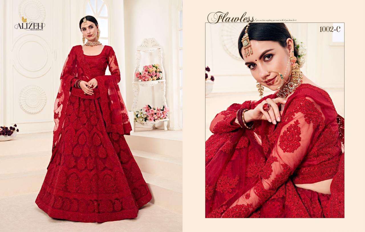 BRIDAL HERITAGE COLOUR SAGA BY ALIZEH 1001-A TO 1004-C SERIES BEAUTIFUL COLORFUL FANCY WEDDING COLLECTION OCCASIONAL WEAR & PARTY WEAR NET WITH SILK SATIN EMBROIDERY LEHENGAS AT WHOLESALE PRICE
