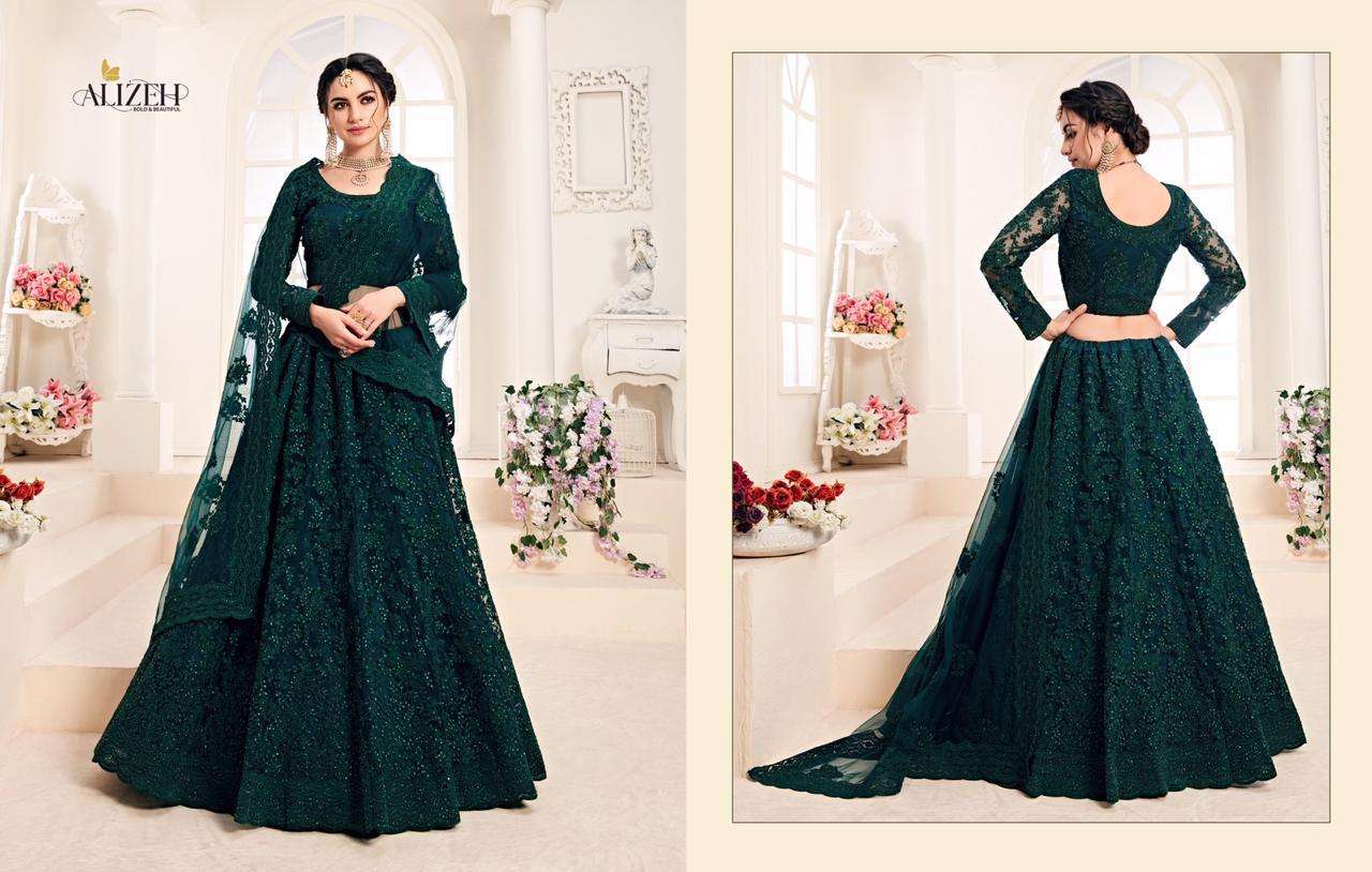BRIDAL HERITAGE COLOUR SAGA BY ALIZEH 1001-A TO 1004-C SERIES BEAUTIFUL COLORFUL FANCY WEDDING COLLECTION OCCASIONAL WEAR & PARTY WEAR NET WITH SILK SATIN EMBROIDERY LEHENGAS AT WHOLESALE PRICE