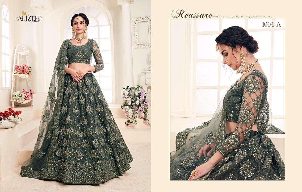 BRIDAL HERITAGE COLOUR SAGA BY ALIZEH 1001-A TO 1004-C SERIES BEAUTIFUL COLORFUL FANCY WEDDING COLLECTION OCCASIONAL WEAR & PARTY WEAR NET WITH SILK SATIN EMBROIDERY LEHENGAS AT WHOLESALE PRICE