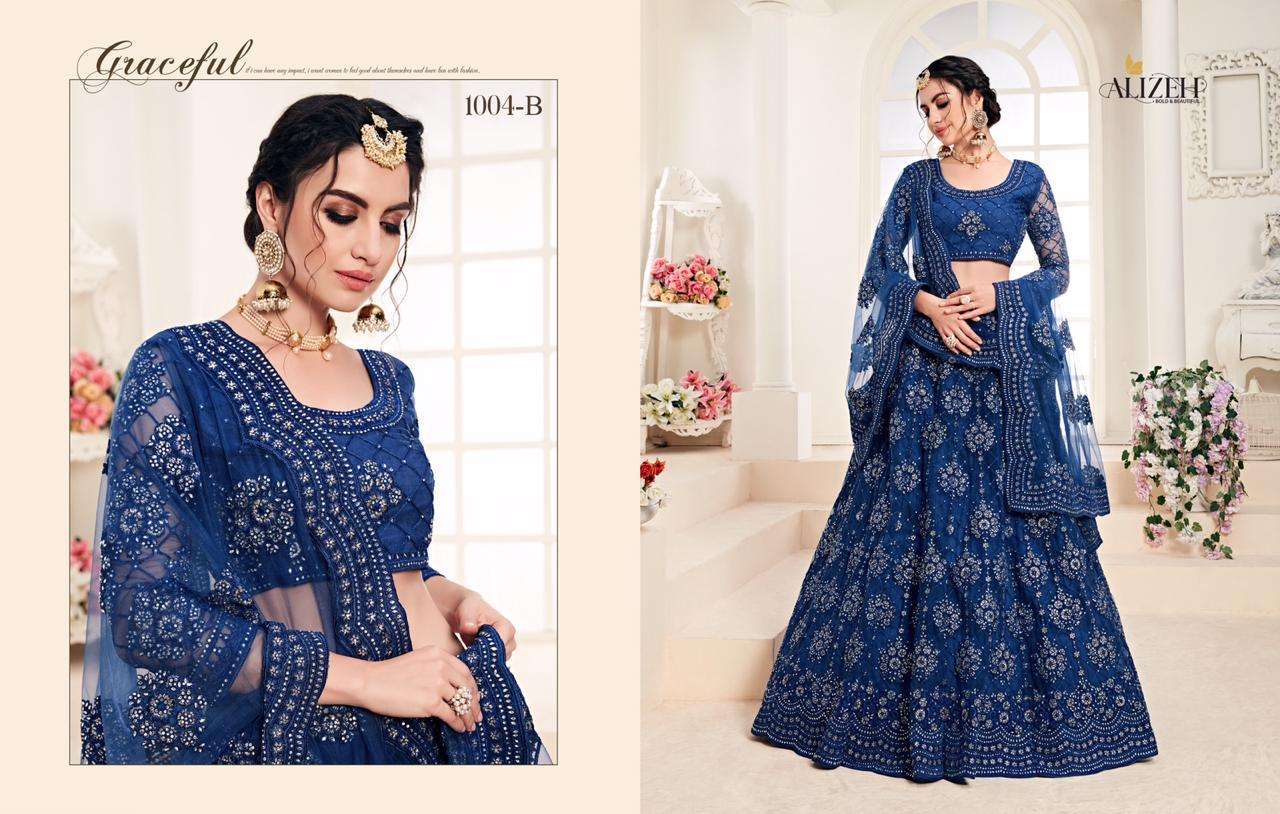 BRIDAL HERITAGE COLOUR SAGA BY ALIZEH 1001-A TO 1004-C SERIES BEAUTIFUL COLORFUL FANCY WEDDING COLLECTION OCCASIONAL WEAR & PARTY WEAR NET WITH SILK SATIN EMBROIDERY LEHENGAS AT WHOLESALE PRICE