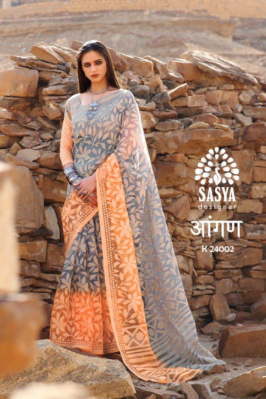 AANGAN BY SASYA DESIGNER 24001 TO 24010 SERIES INDIAN TRADITIONAL WEAR COLLECTION BEAUTIFUL STYLISH FANCY COLORFUL PARTY WEAR & OCCASIONAL WEAR BRASSO SAREES AT WHOLESALE PRICE