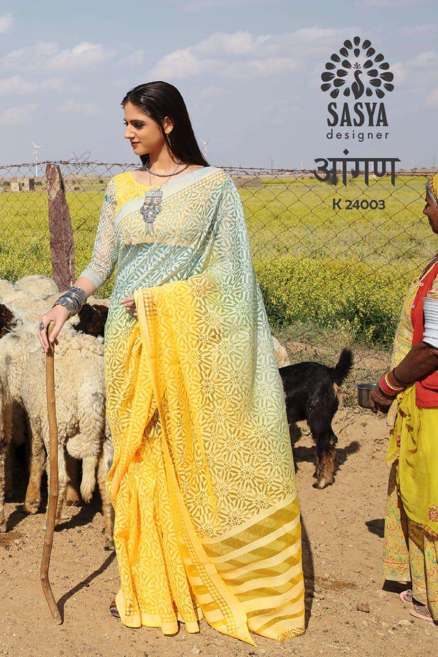 AANGAN BY SASYA DESIGNER 24001 TO 24010 SERIES INDIAN TRADITIONAL WEAR COLLECTION BEAUTIFUL STYLISH FANCY COLORFUL PARTY WEAR & OCCASIONAL WEAR BRASSO SAREES AT WHOLESALE PRICE