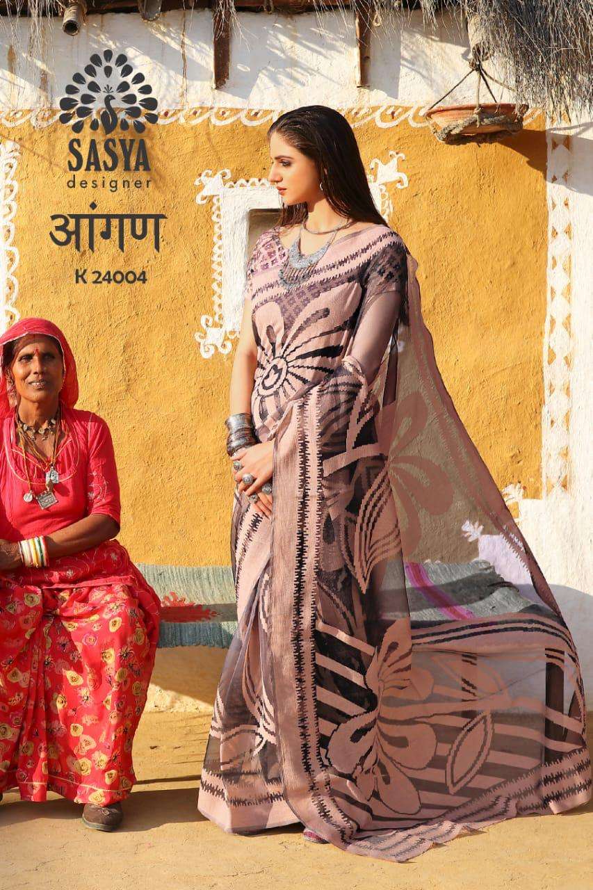 AANGAN BY SASYA DESIGNER 24001 TO 24010 SERIES INDIAN TRADITIONAL WEAR COLLECTION BEAUTIFUL STYLISH FANCY COLORFUL PARTY WEAR & OCCASIONAL WEAR BRASSO SAREES AT WHOLESALE PRICE