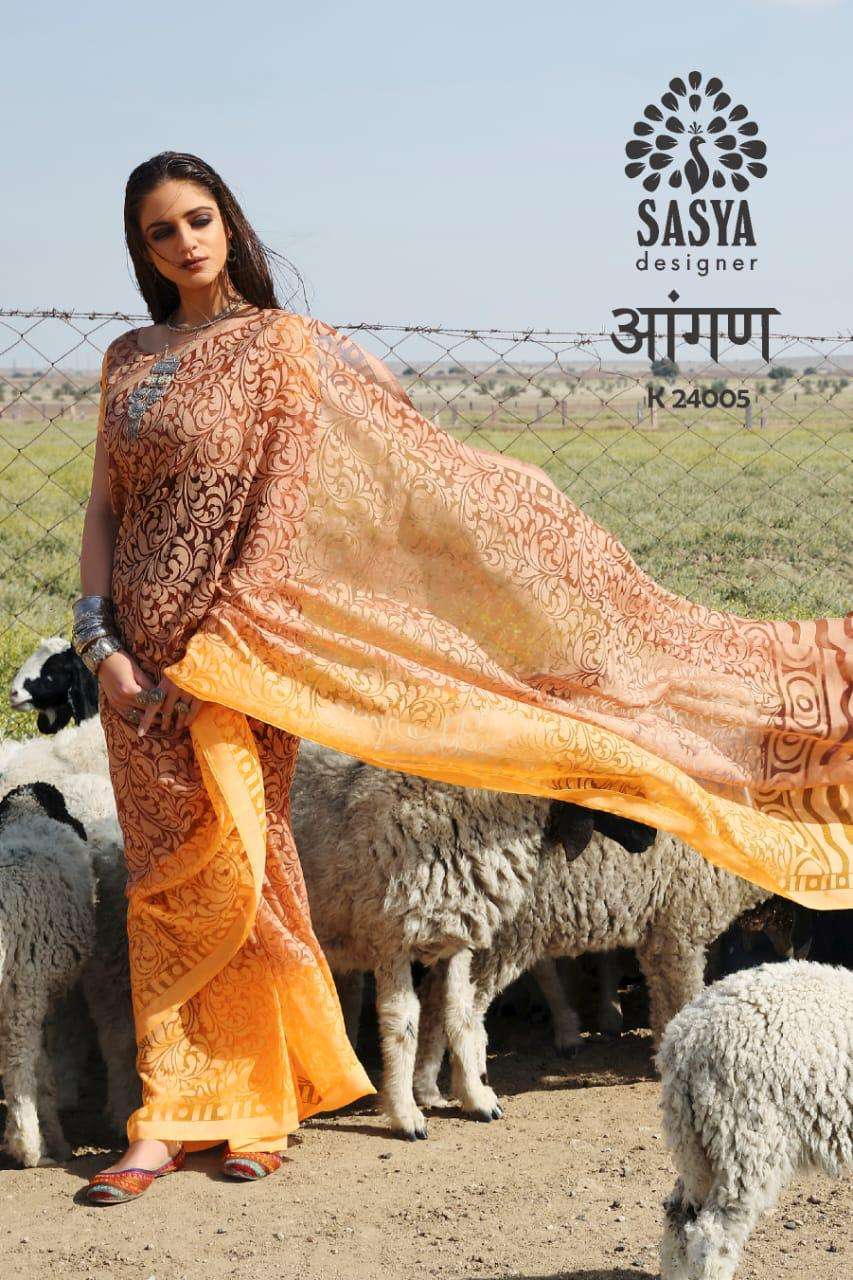 AANGAN BY SASYA DESIGNER 24001 TO 24010 SERIES INDIAN TRADITIONAL WEAR COLLECTION BEAUTIFUL STYLISH FANCY COLORFUL PARTY WEAR & OCCASIONAL WEAR BRASSO SAREES AT WHOLESALE PRICE