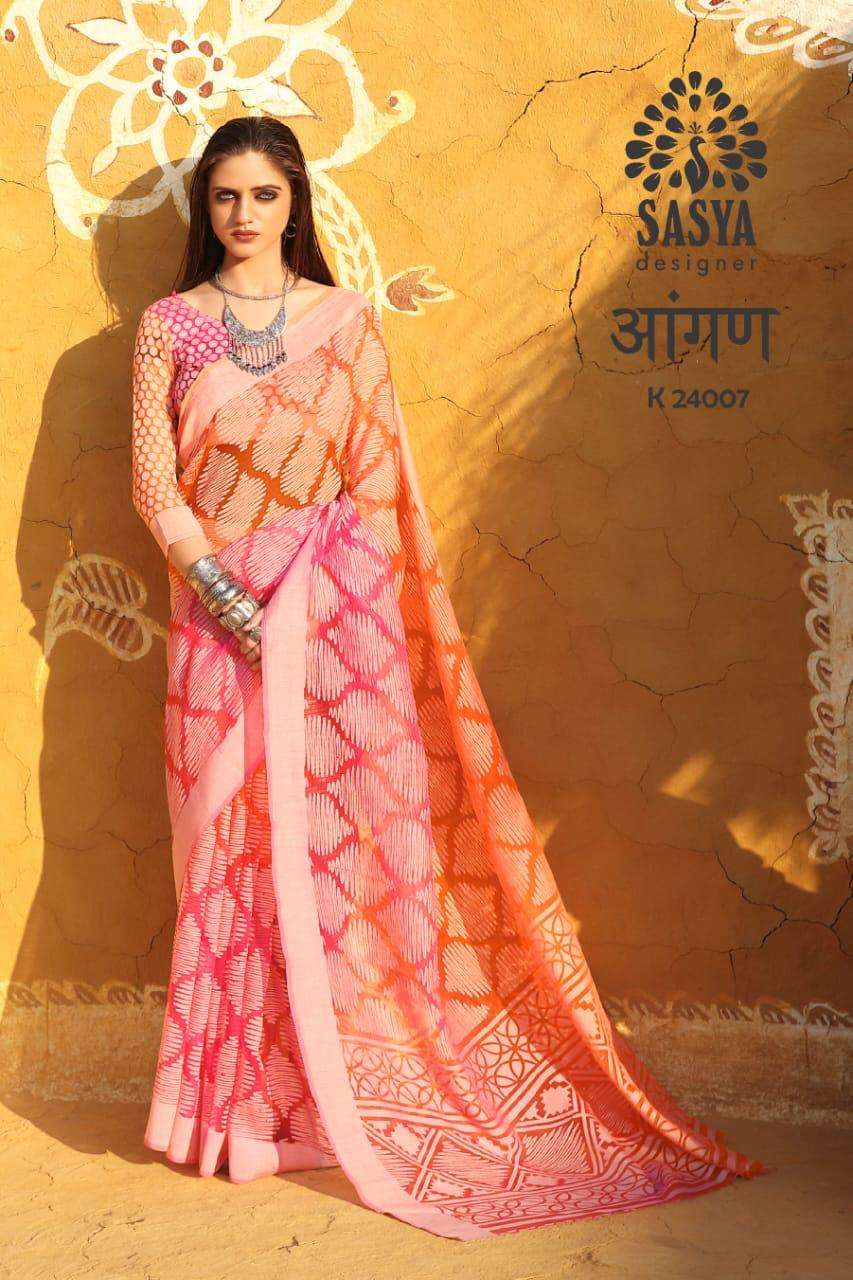 AANGAN BY SASYA DESIGNER 24001 TO 24010 SERIES INDIAN TRADITIONAL WEAR COLLECTION BEAUTIFUL STYLISH FANCY COLORFUL PARTY WEAR & OCCASIONAL WEAR BRASSO SAREES AT WHOLESALE PRICE