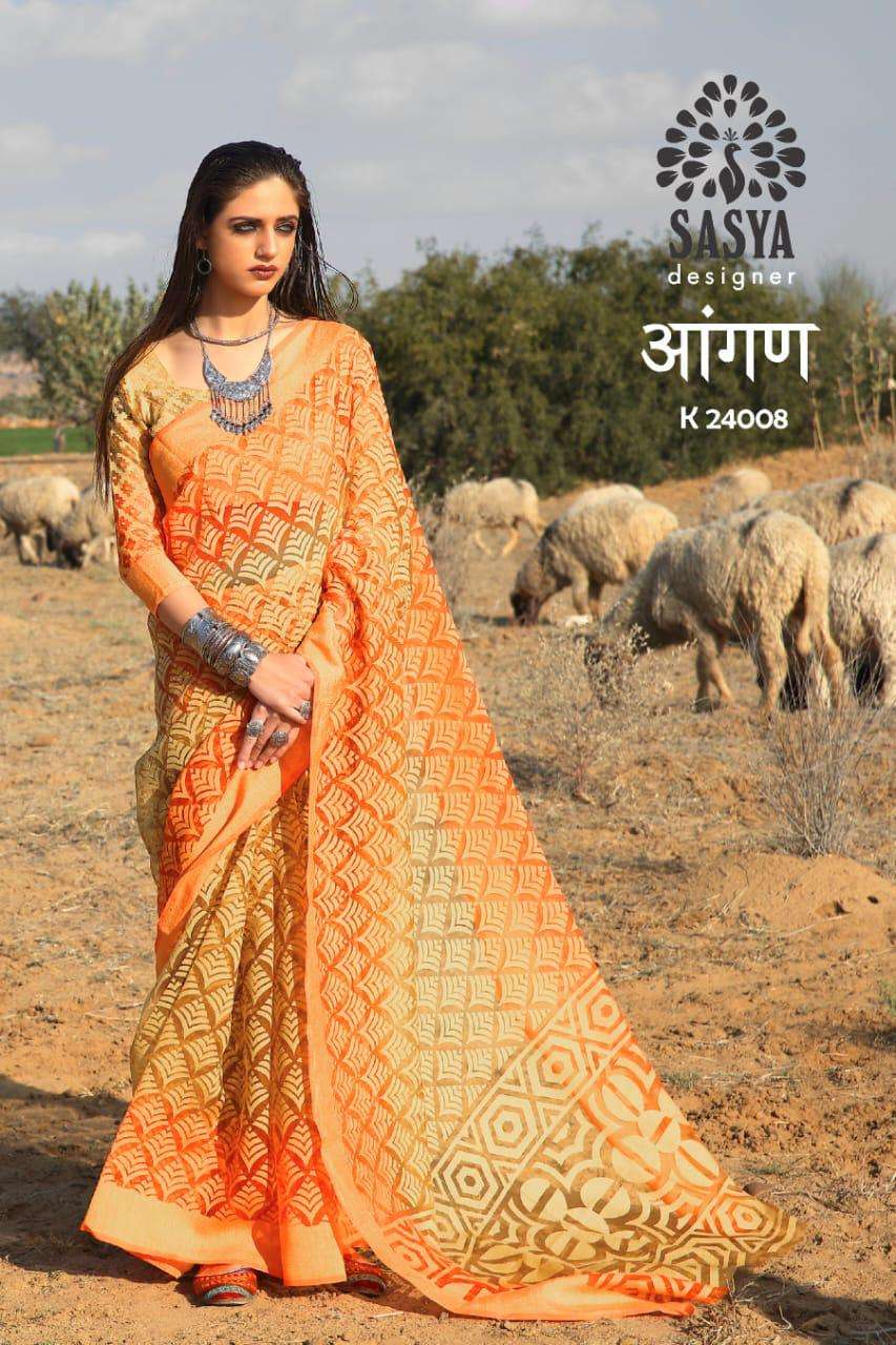AANGAN BY SASYA DESIGNER 24001 TO 24010 SERIES INDIAN TRADITIONAL WEAR COLLECTION BEAUTIFUL STYLISH FANCY COLORFUL PARTY WEAR & OCCASIONAL WEAR BRASSO SAREES AT WHOLESALE PRICE