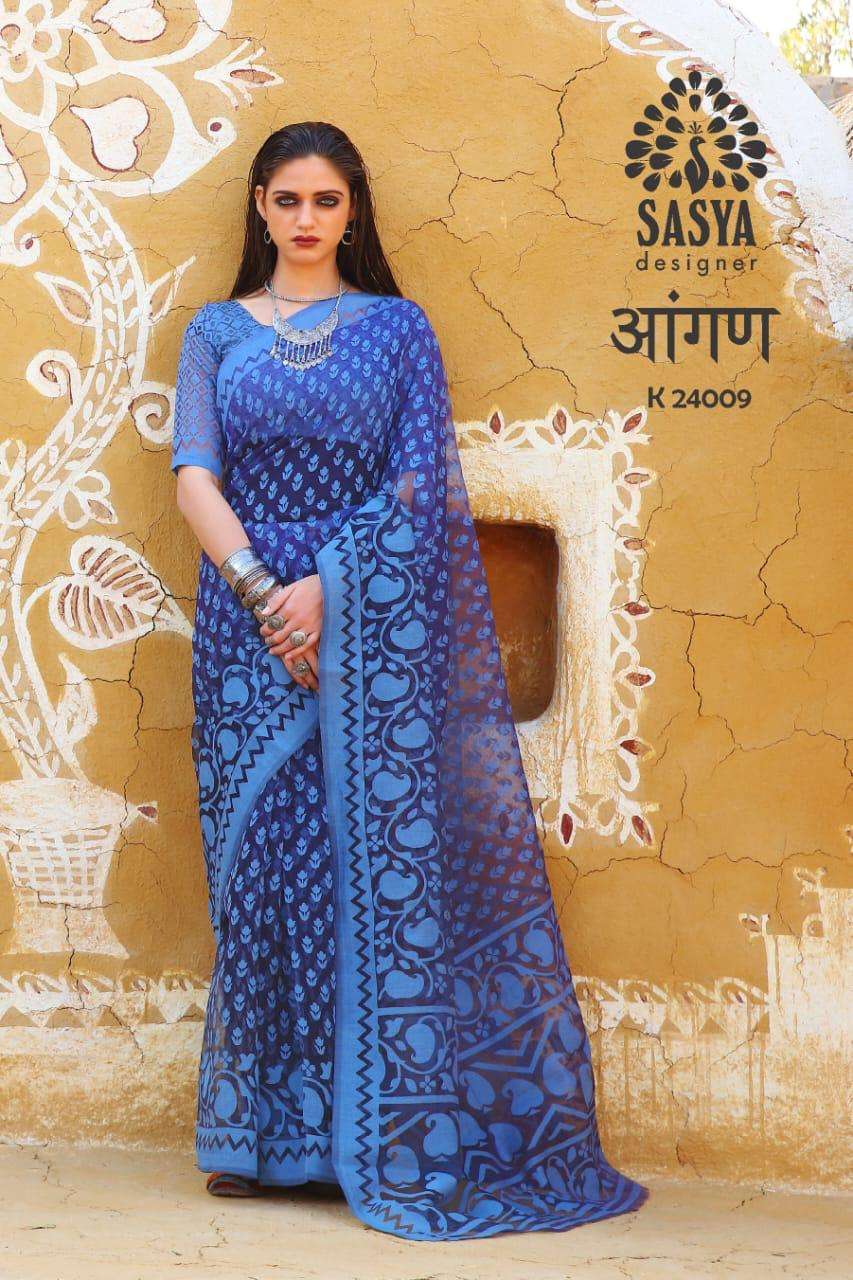 AANGAN BY SASYA DESIGNER 24001 TO 24010 SERIES INDIAN TRADITIONAL WEAR COLLECTION BEAUTIFUL STYLISH FANCY COLORFUL PARTY WEAR & OCCASIONAL WEAR BRASSO SAREES AT WHOLESALE PRICE