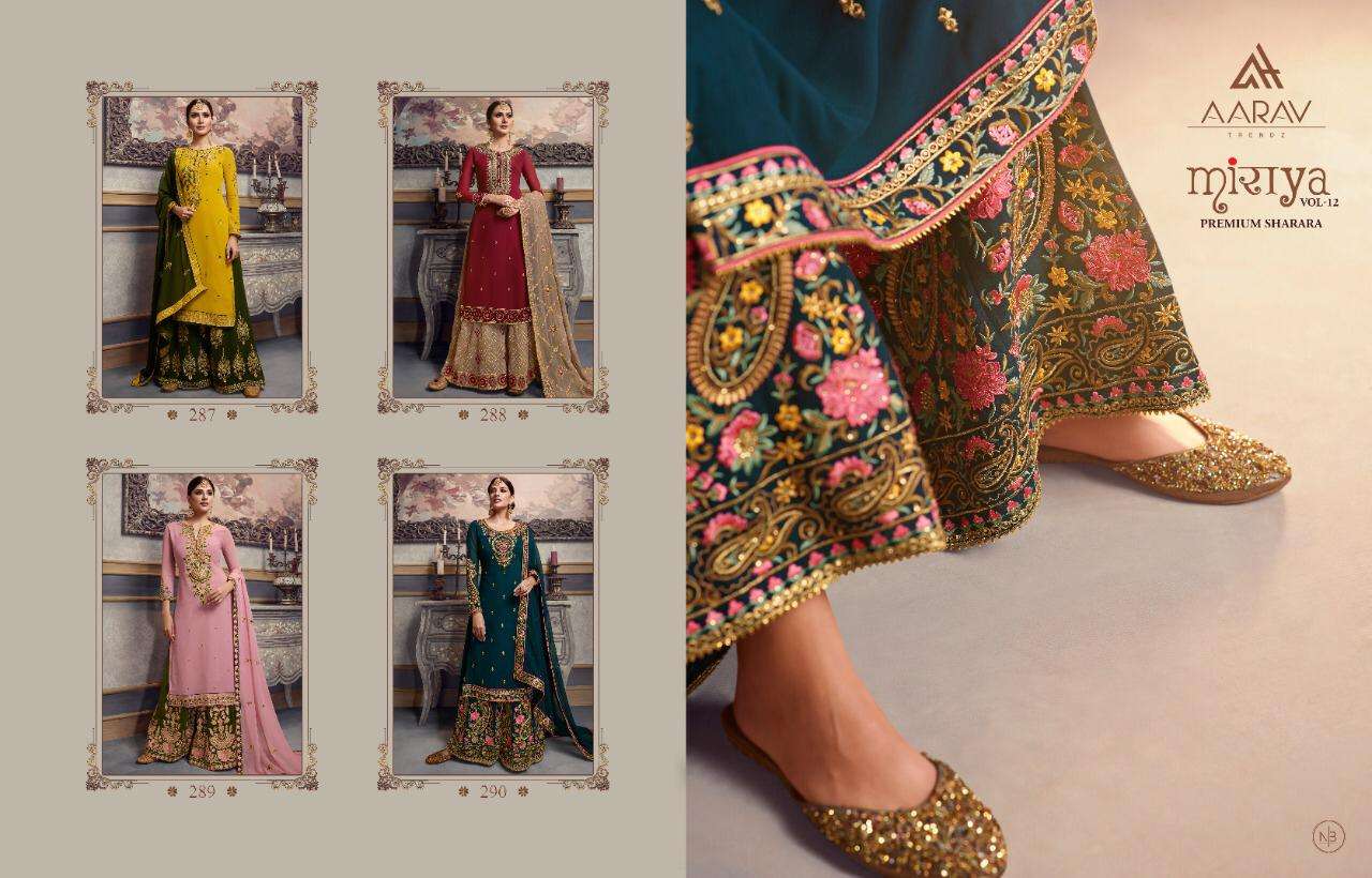 MIRAYA VOL-12 BY AARAV TRENDZ 287 TO 290 SERIES BEAUTIFUL STYLISH SHARARA SUITS FANCY COLORFUL CASUAL WEAR & ETHNIC WEAR & READY TO WEAR REAL GEORGETTE EMBROIDERY DRESSES AT WHOLESALE PRICE