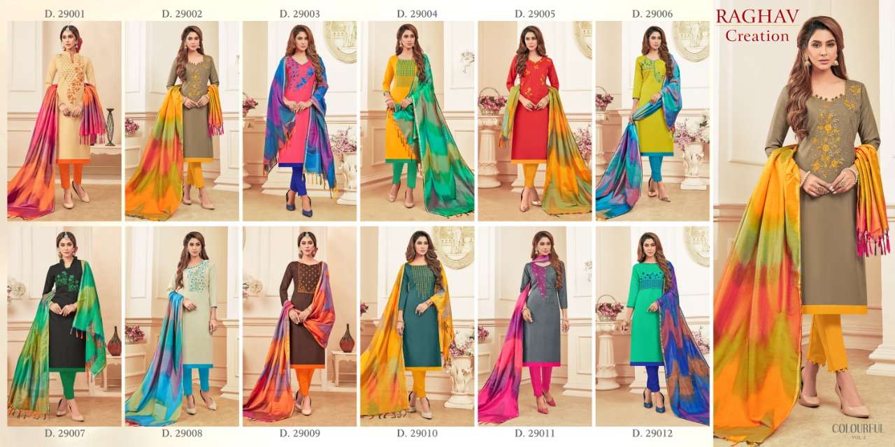 COLOURFUL VOL-3 BY RAGHAV ROYAL 29001 TO 29012 SERIES BEAUTIFUL SUITS COLORFUL STYLISH FANCY CASUAL WEAR & ETHNIC WEAR SOFT COTTON SLUB WITH EMBROIDERY DRESSES AT WHOLESALE PRICE