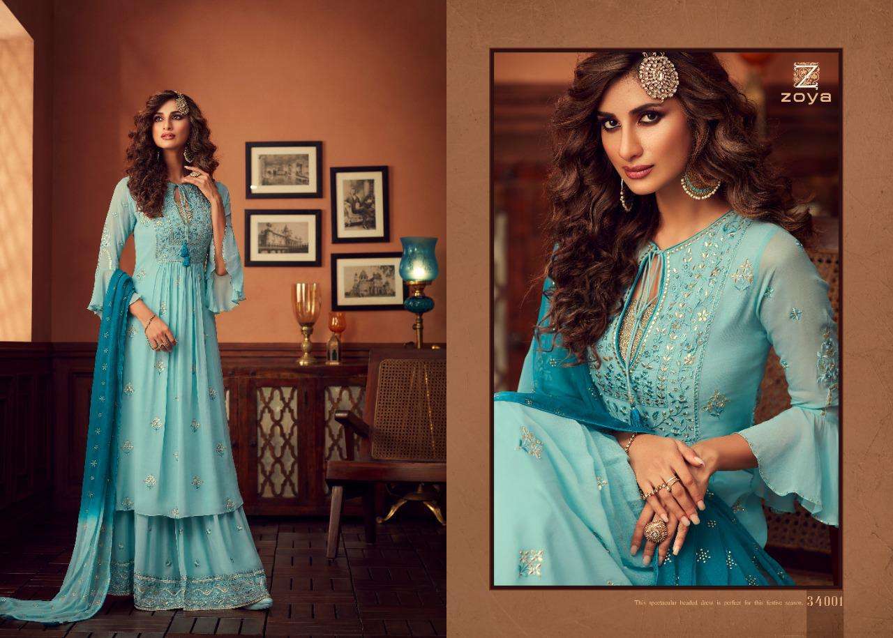 TRADITION BY ZOYA 34001 TO 34006 SERIES BEAUTIFUL STYLISH SHARARA SUITS FANCY COLORFUL CASUAL WEAR & ETHNIC WEAR & READY TO WEAR GEORGETTE EMBROIDERED DRESSES AT WHOLESALE PRICE