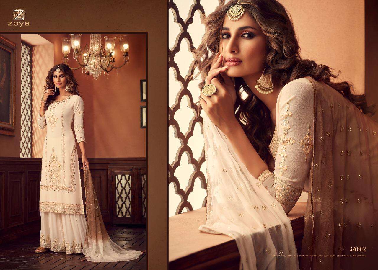TRADITION BY ZOYA 34001 TO 34006 SERIES BEAUTIFUL STYLISH SHARARA SUITS FANCY COLORFUL CASUAL WEAR & ETHNIC WEAR & READY TO WEAR GEORGETTE EMBROIDERED DRESSES AT WHOLESALE PRICE