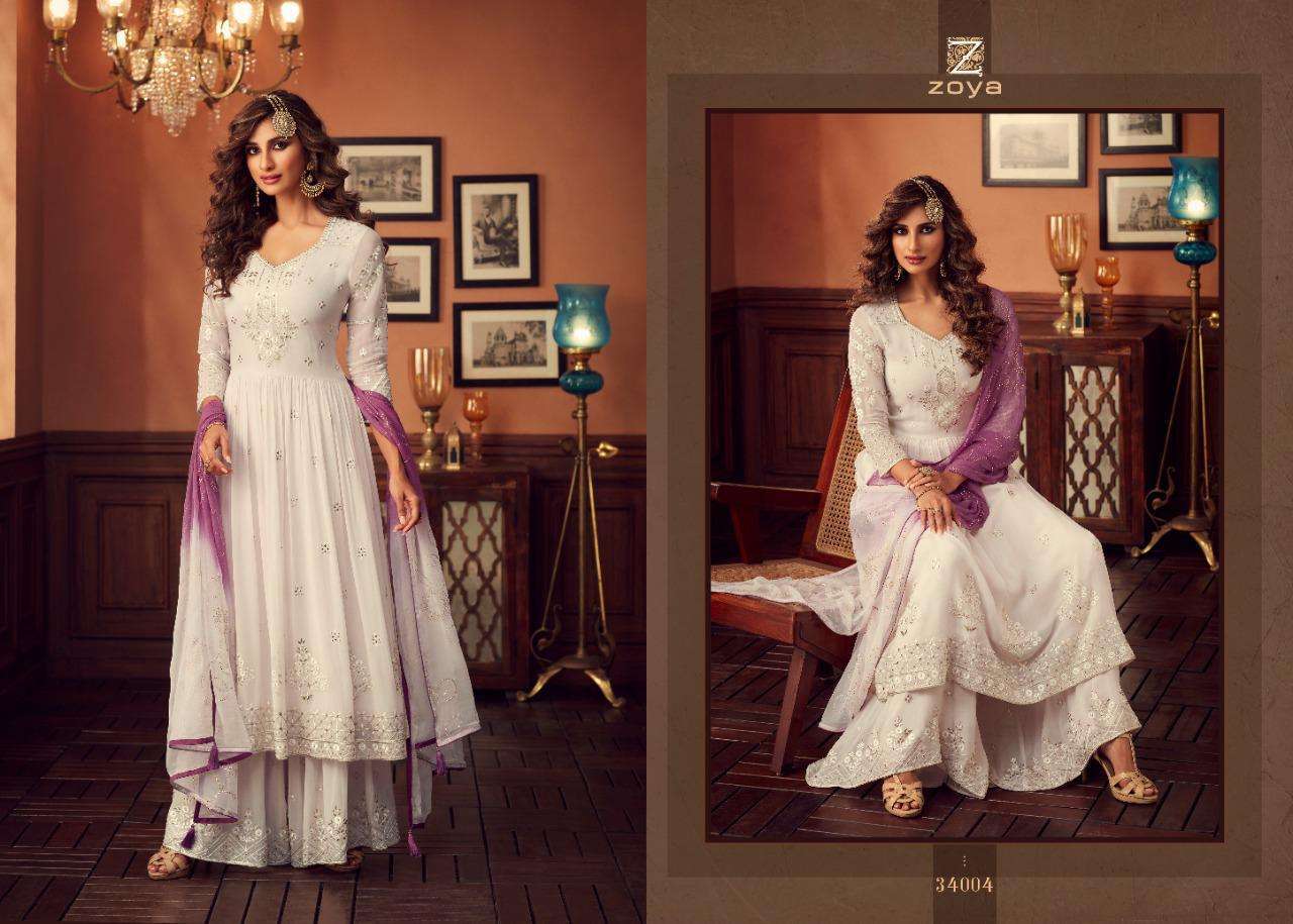 TRADITION BY ZOYA 34001 TO 34006 SERIES BEAUTIFUL STYLISH SHARARA SUITS FANCY COLORFUL CASUAL WEAR & ETHNIC WEAR & READY TO WEAR GEORGETTE EMBROIDERED DRESSES AT WHOLESALE PRICE