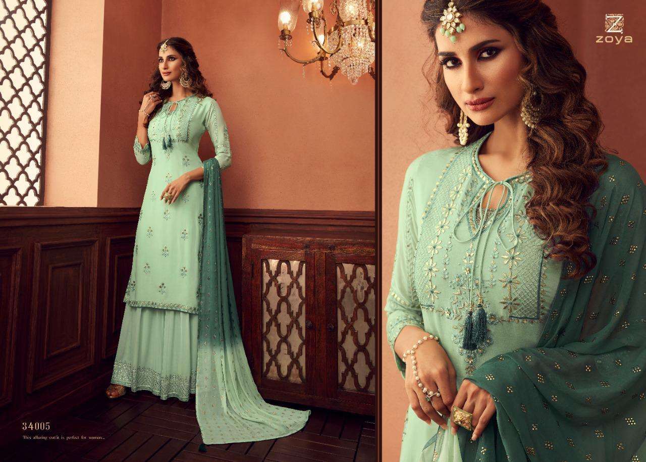 TRADITION BY ZOYA 34001 TO 34006 SERIES BEAUTIFUL STYLISH SHARARA SUITS FANCY COLORFUL CASUAL WEAR & ETHNIC WEAR & READY TO WEAR GEORGETTE EMBROIDERED DRESSES AT WHOLESALE PRICE